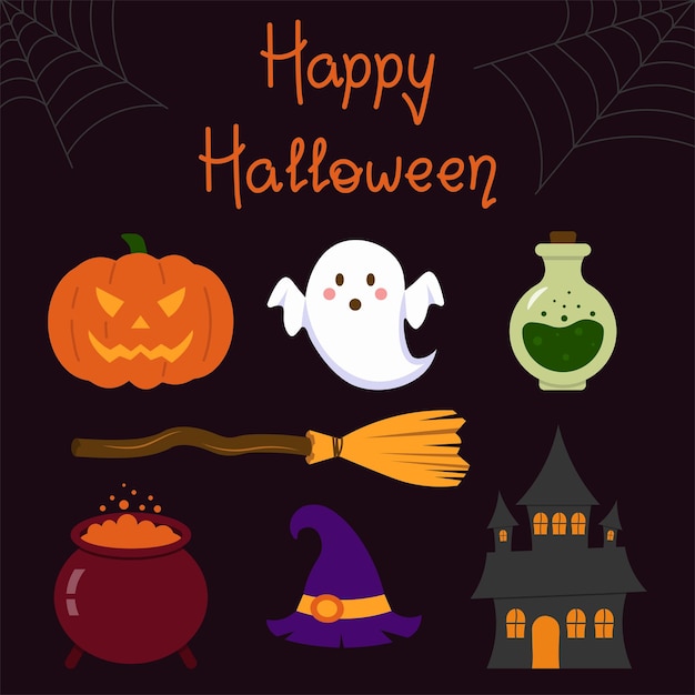 Set Halloween-objecten met belettering vectorillustratie in vlakke stijl
