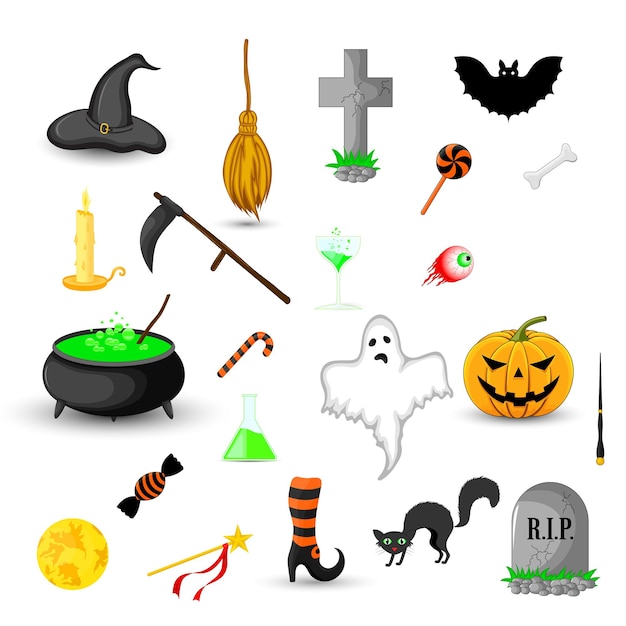 Set of Halloween objects isolated on white background