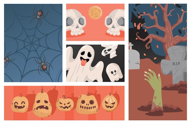 Set of halloween party illustrations ugly scary pumpkin heads ghosts