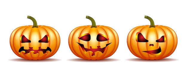 Set Halloween-pompoenen in vector met verschillende gezichten