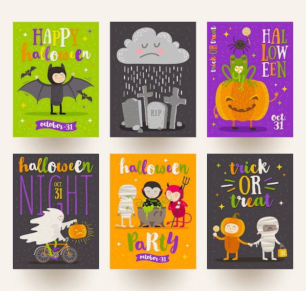 Vector set of halloween posters or greeting card with cartoon characters, holiday sign, symbols and type design. illustration.