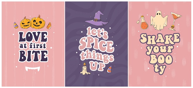 Set of Halloween posters, greeting cards with quotes and doodles