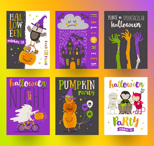 Vector set halloween posters of wenskaart met stripfiguren, vakantie teken, symbolen en typeontwerp. illustratie.