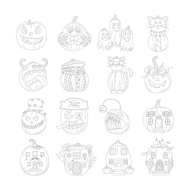 Vector set of halloween pumpkins autumn holiday a pumpkin with a carved smile line art