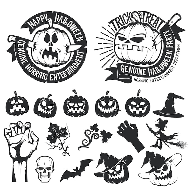 Set of Halloween pumpkins and decorative elements