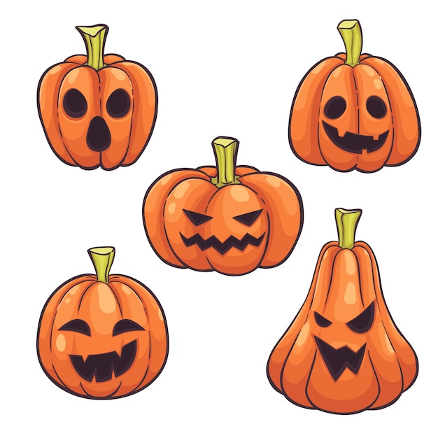 Vector set of halloween pumpkins face hand drawn