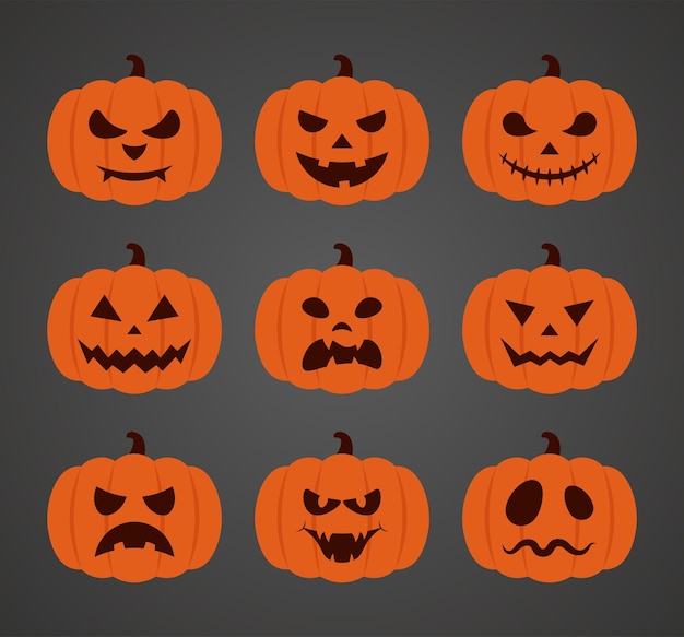 Set Of Halloween Pumpkins With Different Faces Celebration Design Flat Style Vector Illustration