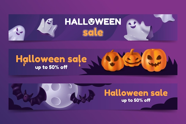 Set of halloween sale horizontal banners with pumpkins ghosts and bats