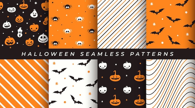 set of Halloween seamless patterns with pumpkin, bat, spider, geometric patterns