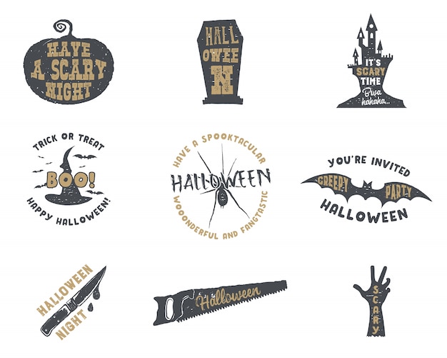 Vector set of halloween silhouette badges. vintage hand drawn halloween party logo design for celebrating holiday.