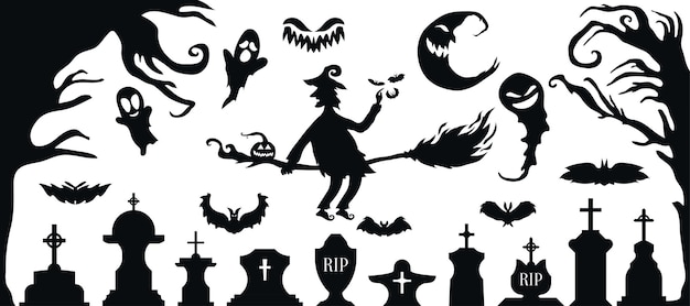 Insieme dell'icona della siluetta di halloween e dell'illustrazione di vettore di halloween del carattere isolata su cenni storici bianchi