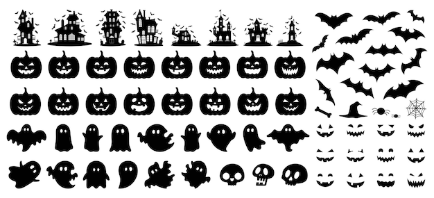 ハロウィーンのシルエットの黒いアイコンと文字ベクトル イラスト白で隔離のセット