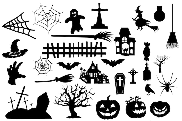 Set of halloween silhouettes black icon and character. Vector illustration.