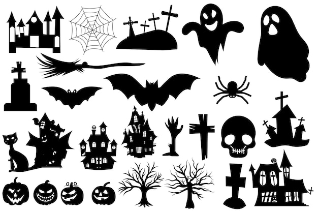 Set of halloween silhouettes black icon and character. Vector illustration.