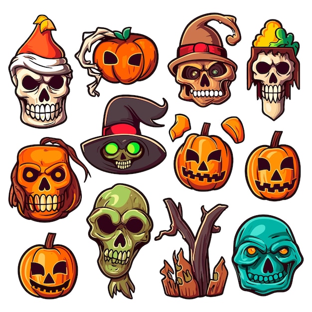 Set of halloween silhouettes colorful icon and character Vector illustration Isolated