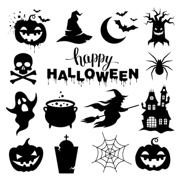 Set of Halloween silhouettes on white background Vector illustration