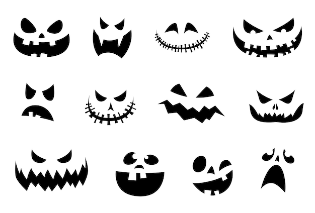 Набор улыбок Хэллоуина на тыкве. Смешные и страшные выражения лица на Хэллоуин. Векторная иллюстрация