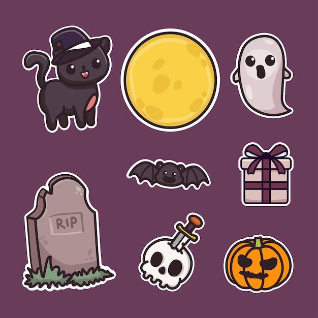 Set halloween sticker elementen. Zwarte kat, spook, halloween cadeau, schedel, graf en volle maan.