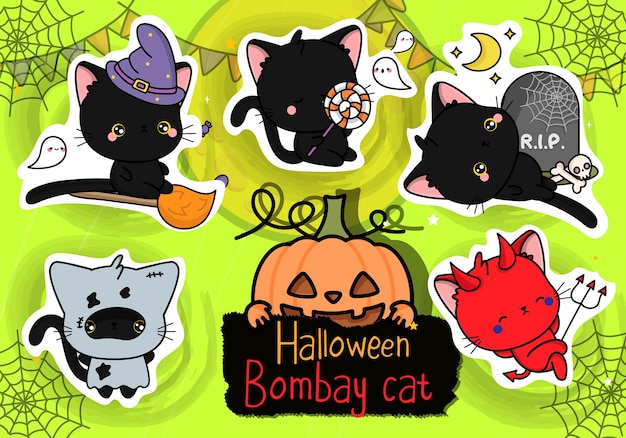 Set Halloween-stickers. Collectie van kawaii halloween kat illustratie.