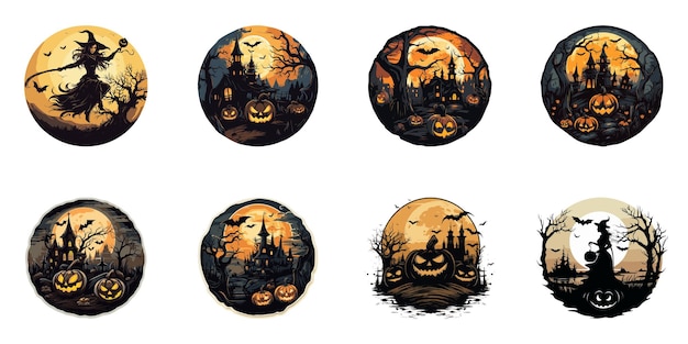 Set halloween stickers met spookhuis pompoenen bos vleermuizen en heks Cartoon vectorillustratie