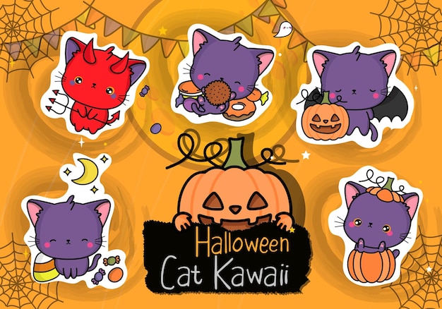 Set of Halloween Stickers. Set of Cute Clipart Halloween Cat Illustration.