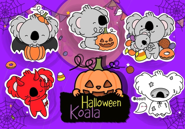 Set halloween-stickers. set van clipart halloween koala illustratie. kawaii illustraties halloween