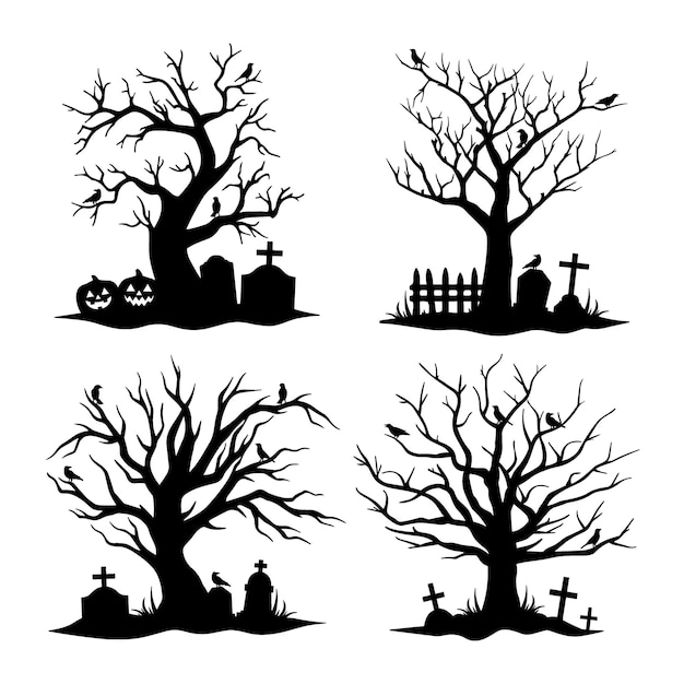 Vector set of halloween tree with pumpkin and cemetery