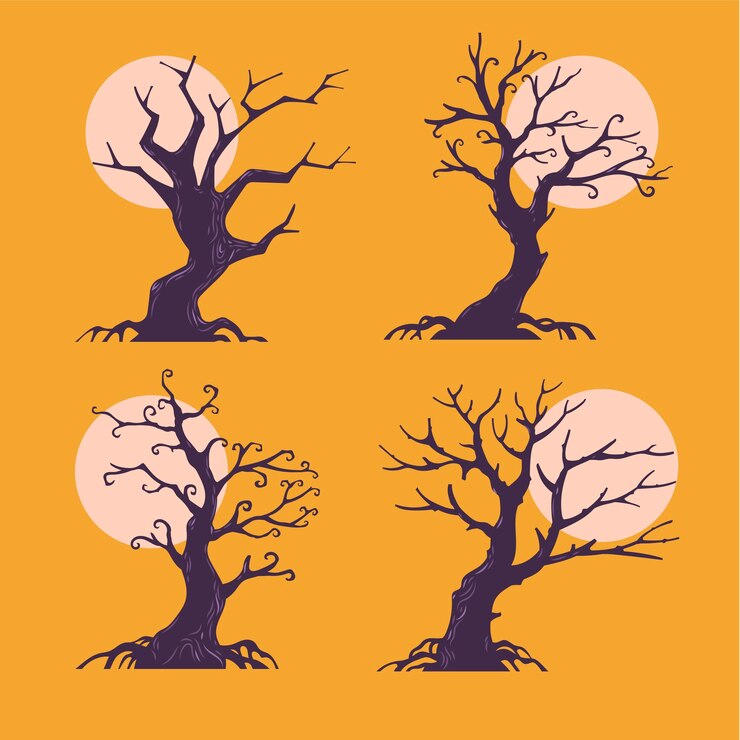 Vector set of halloween trees with moon background