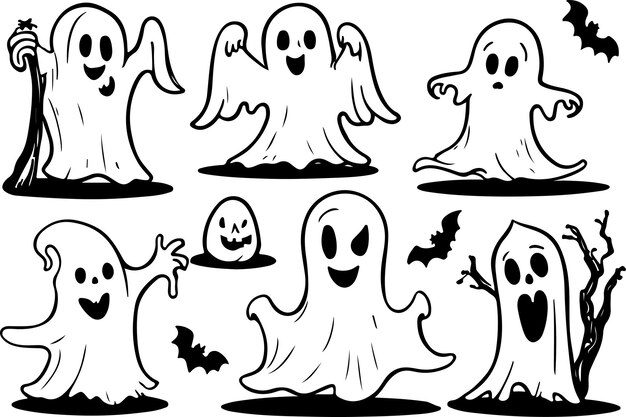 Set di illustrazioni vettoriali di halloween fantasmi e zucche con pipistrelli su sfondo bianco schizzo