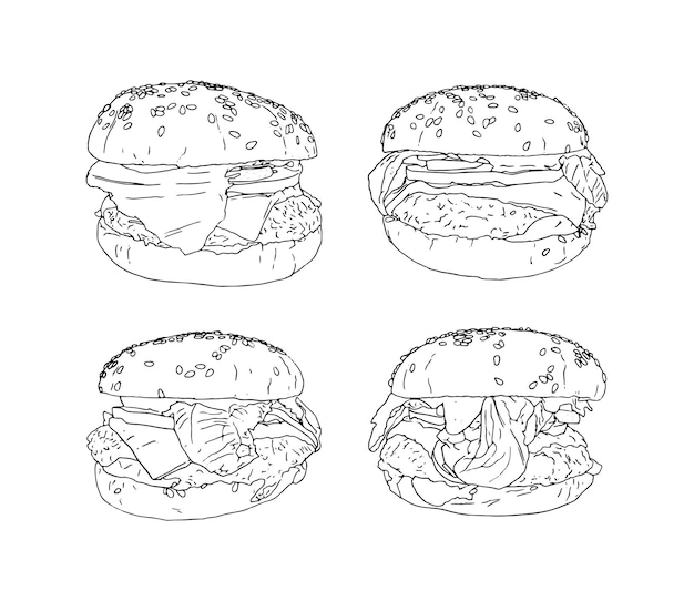 Set hamburgers met broodje sesam sla kotelet vlees kaas tomaten doodle lineaire cartoon kleuren