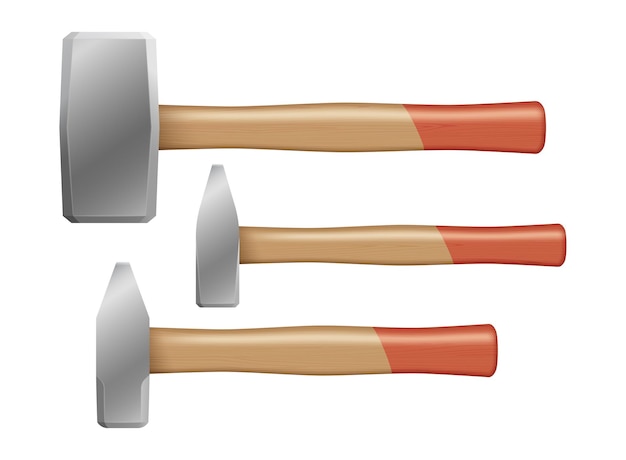 Set of hammers with wooden handles isolated on white background. Repairing, contractor and mechanic workers equipment collection. Realistic vector illustration