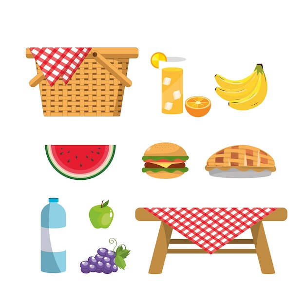 Vector set hamper with healthy fruits and wine