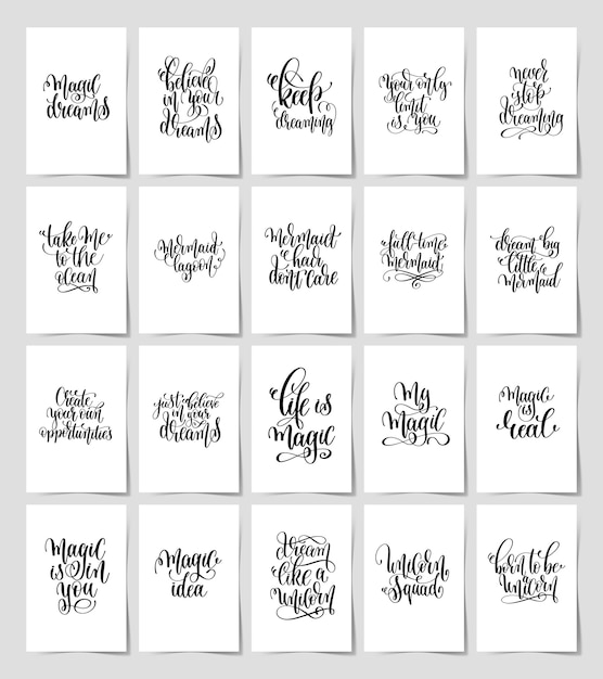 Set hand belettering magische citaten inspirerende positieve zin, kalligrafie