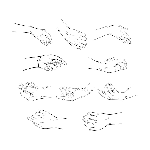 Set hand collection drawn gesture sketch vector illustration line art