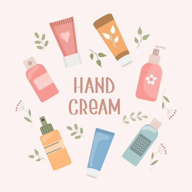 A set of hand creams Routine skin care Daily organic cosmetics Flat illustration Vector