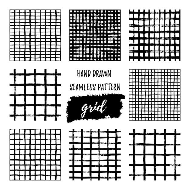 Set of hand draw brush grid black and white seamless pattern. abstract monochrome check background with crossing brush stroke. endless plaid texture. stylish vector design for fabric, wallpaper