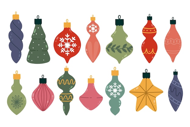 Vettore set di ornamenti natalizi disegnati a mano giocattolo dell'albero di natale decorazioni di capodanno e natale