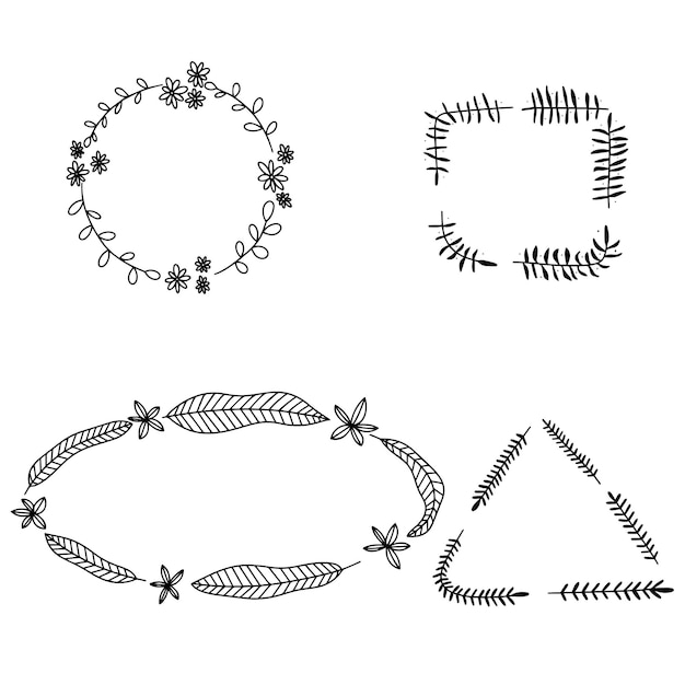 Set di cornice per disegnare a mano con fiori e foglie in stile doodle. illustrazione vettoriale.