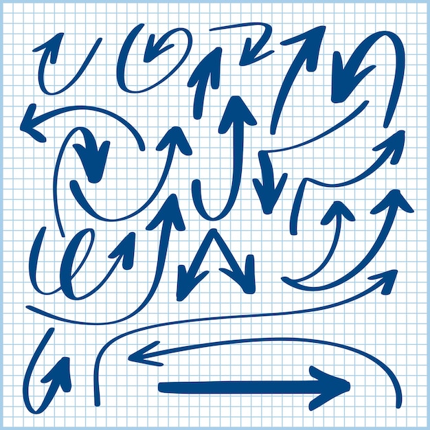 줄 지어 종이 배경에 고립 된 화살표 컬렉션을 그리기 손 세트