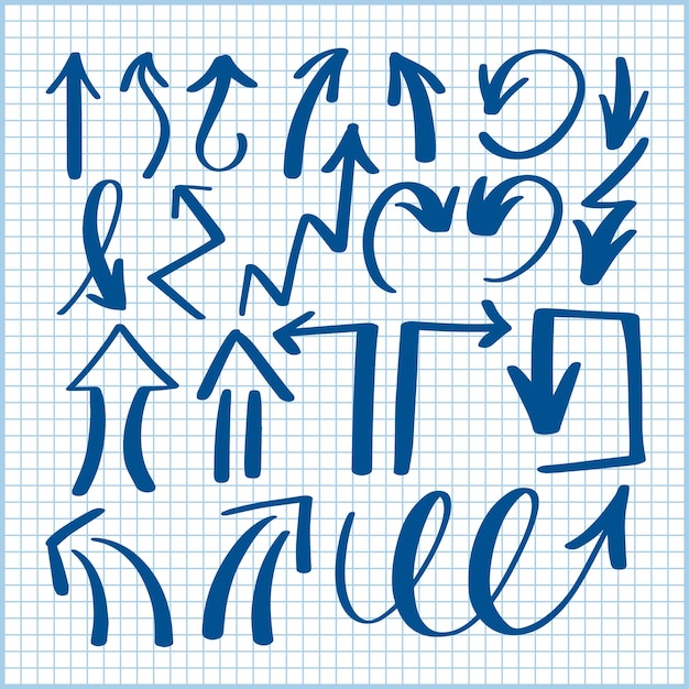 Набор ручного рисования коллекции изолированных стрелок на линованном листе бумаги