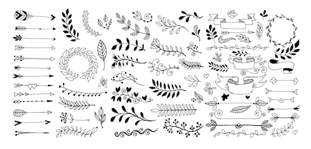 Vector set of hand drawing page dividers borders and arrow