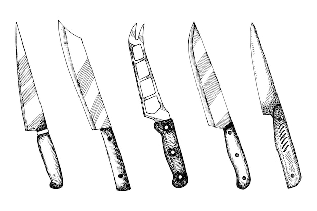 Set of hand drawings isolated kitchen knives special vintage sketches