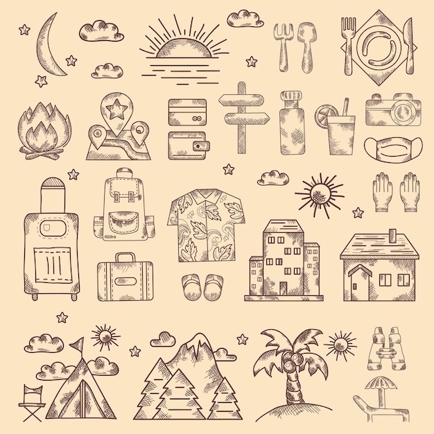 Set of hand drawings road travel transport vacation vintage doodle line