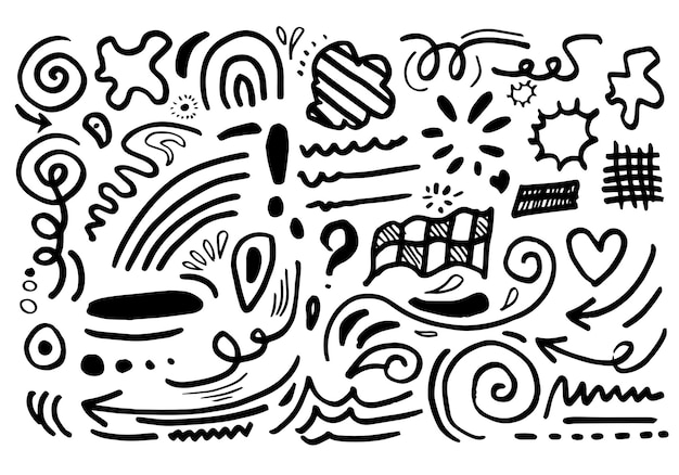 Set di vettori astratti disegnati a mano vari doodle frecce direzioni forme linee a mano libera curve punti spirali