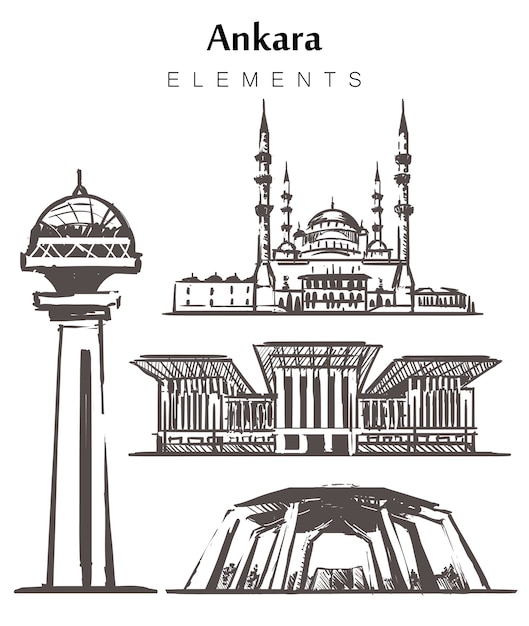 Insieme di edifici di ankara disegnati a mano