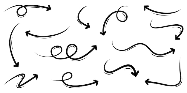 손으로 그린 화살표 흰색 배경에 고립의 집합입니다. 비즈니스 infographic, 배너, 웹 및 개념 디자인에 대 한입니다. 벡터 낙서 디자인 요소입니다.