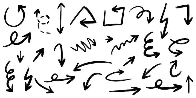 Insieme delle frecce disegnate a mano isolate su priorità bassa bianca. per infografica aziendale, banner, web e concept design. elementi di design doodle vettoriale.