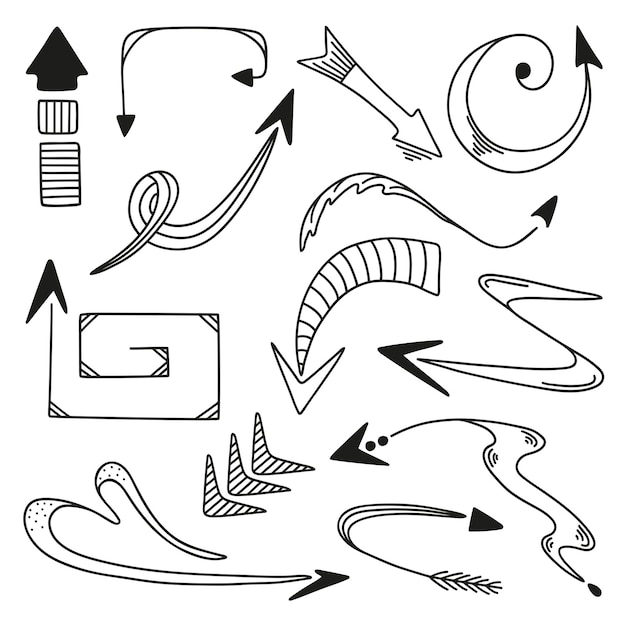 Vector set hand drawn arrows isolated on a white background doodle simple outline illustration