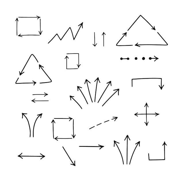 Imposta frecce disegnate a mano frecce semplici isolate su sfondo bianco