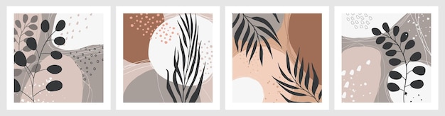 Set of hand drawn artistic postcards with tropical palm leaves organic shapes and textures